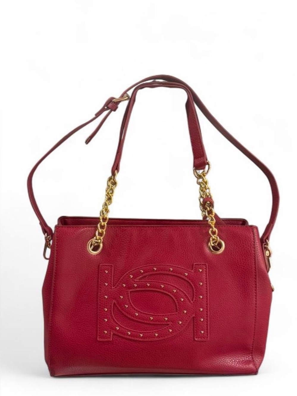 Bebe Red Logo Satchel Handbag With Gold Chains Straps. Like New!